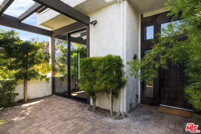 a couple of potted plants in front of door