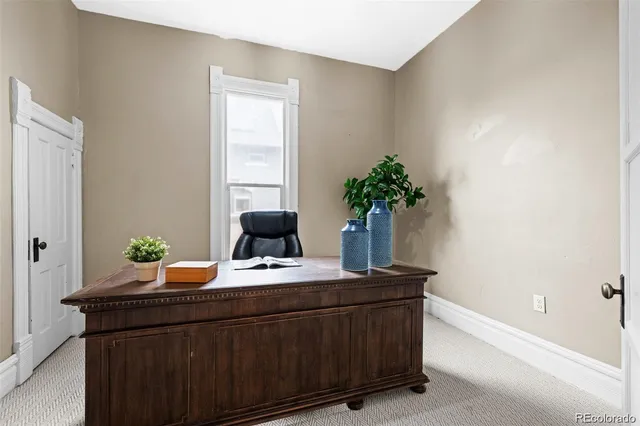 a bedroom with a potted plant on the counter