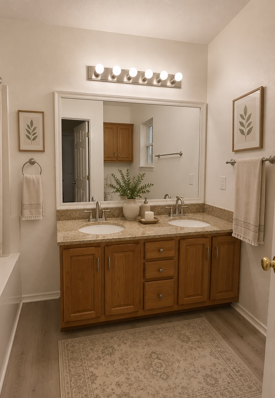 17843 Loch Linnhe Loop Pflugerville, TX 78660 - Photo 5 of 23 a bathroom with a double vanity sink and a mirror