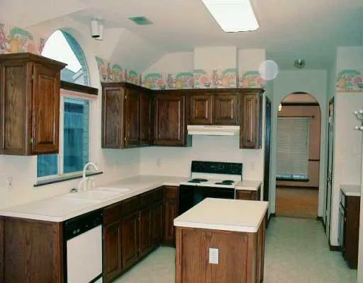 a kitchen with a sink a stove and cabinets
