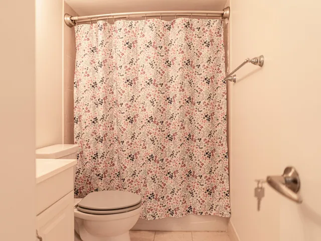 a bathroom with a toilet and a shower curtain