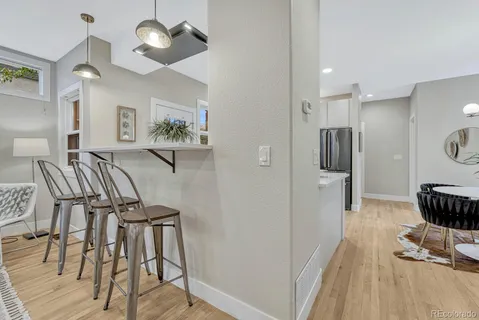 a view of a dining room with furniture