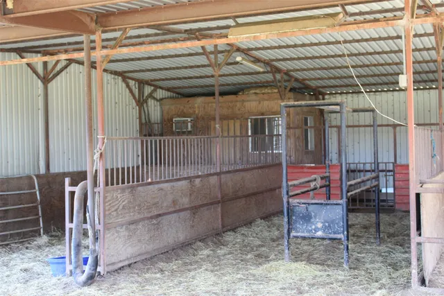a view of dirt field with trees in the background