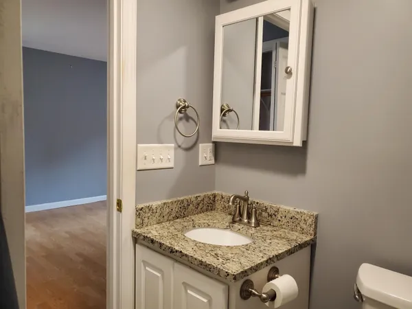 a bathroom with a granite countertop sink and a mirror