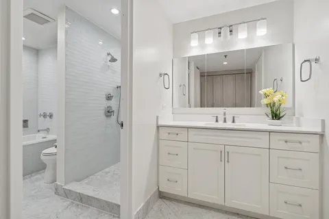 a bathroom with a double vanity sink mirror and shower