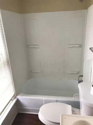 a bathroom with a toilet and a bathtub