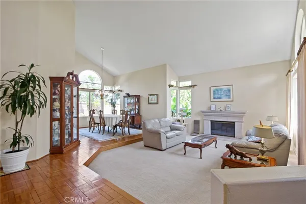 a living room with furniture potted plant floor and a fireplace