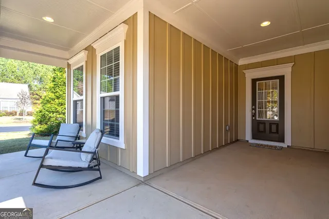 a view of a bench in the porch