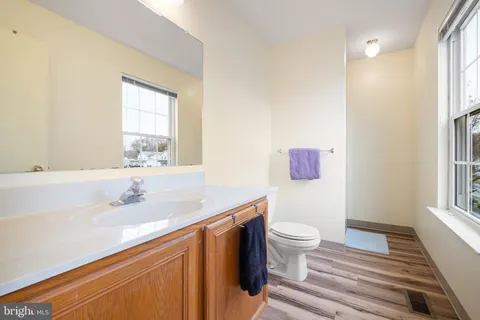 a bathroom with a sink toilet and window