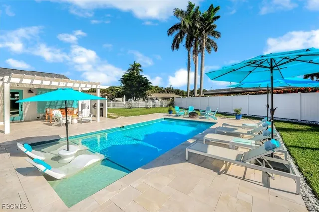 a view of a backyard with swimming pool