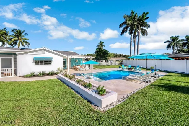 a view of a backyard with swimming pool