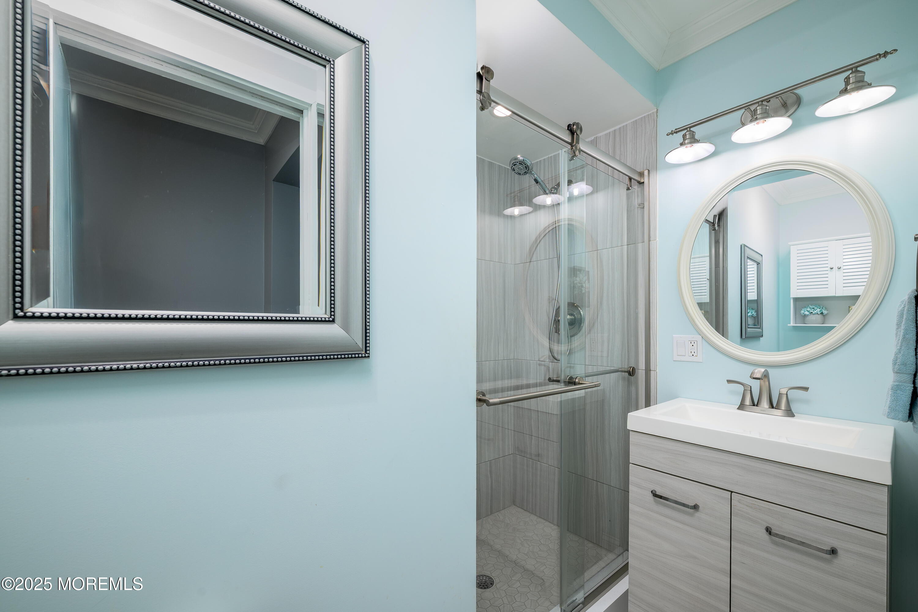 3213 Ridgewood Road Allenwood, NJ 08720 - Photo 25 of 42 a bathroom with a sink a mirror a vanity and a shower