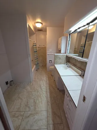 a bathroom with a sink a mirror and a shower