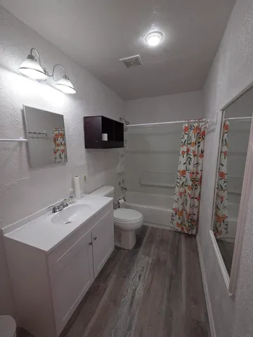 a bathroom with a sink a toilet and a large mirror