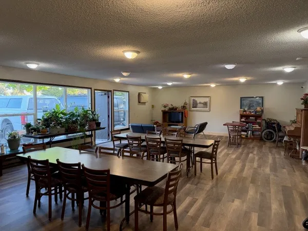 a view of a dining room with furniture
