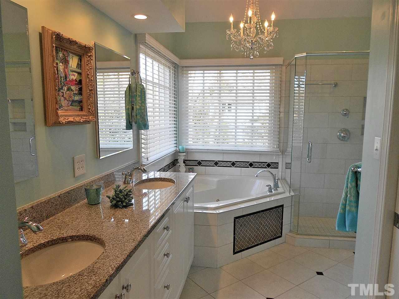8704 Aldersgate Way Raleigh, NC 27615 - Photo 8 of 25 a bathroom with a granite countertop sink a large mirror and a bathtub