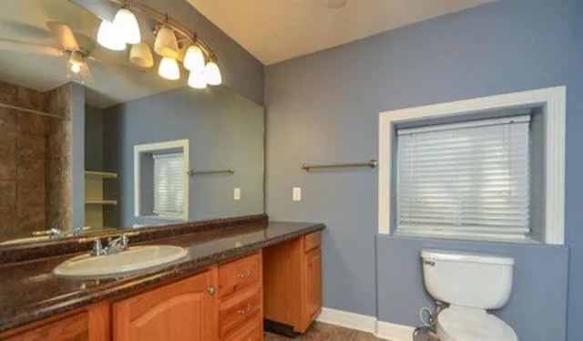 a bathroom with a granite countertop sink a toilet and a mirror