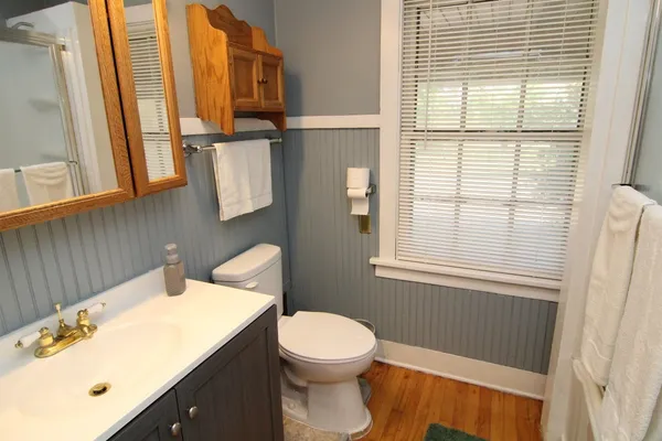 a bathroom with a sink a toilet and a mirror