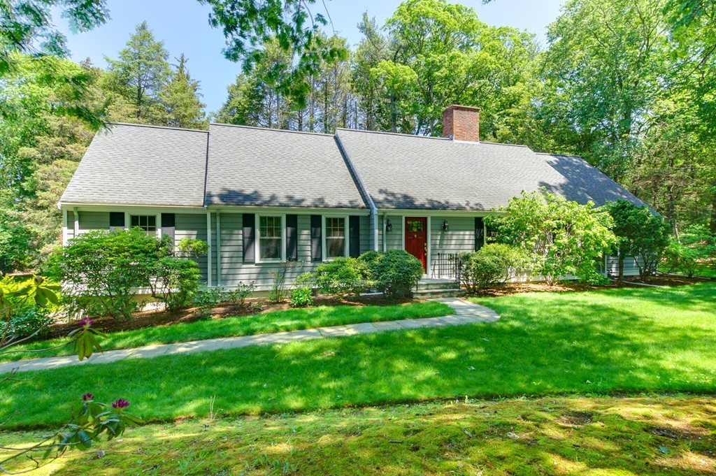 a view of a house with a big yard plants and large trees