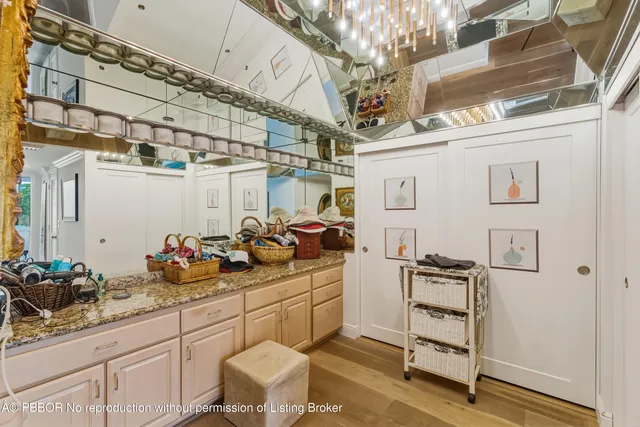 a storage room with cabinets