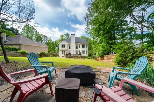 a view of a backyard with swimming pool