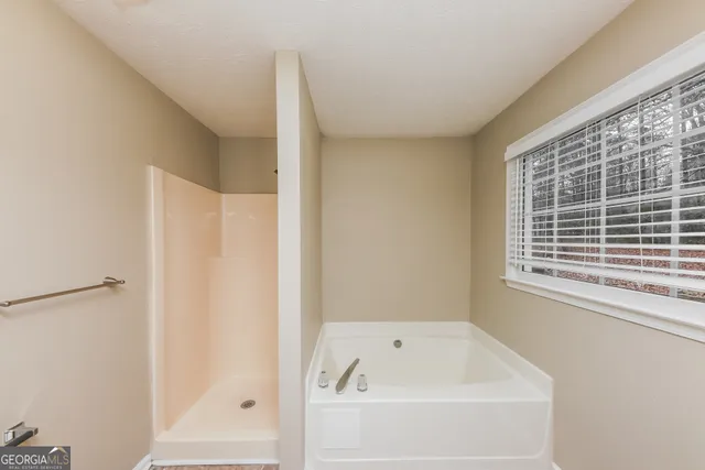 a bathroom with a bathtub and a shower