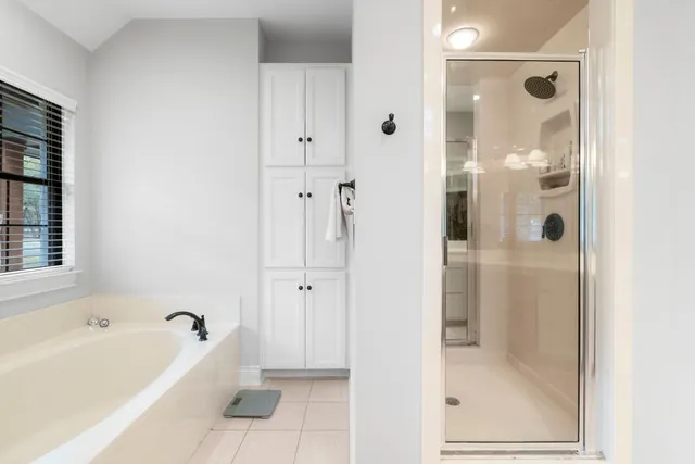 a bathroom with a bathtub and a shower