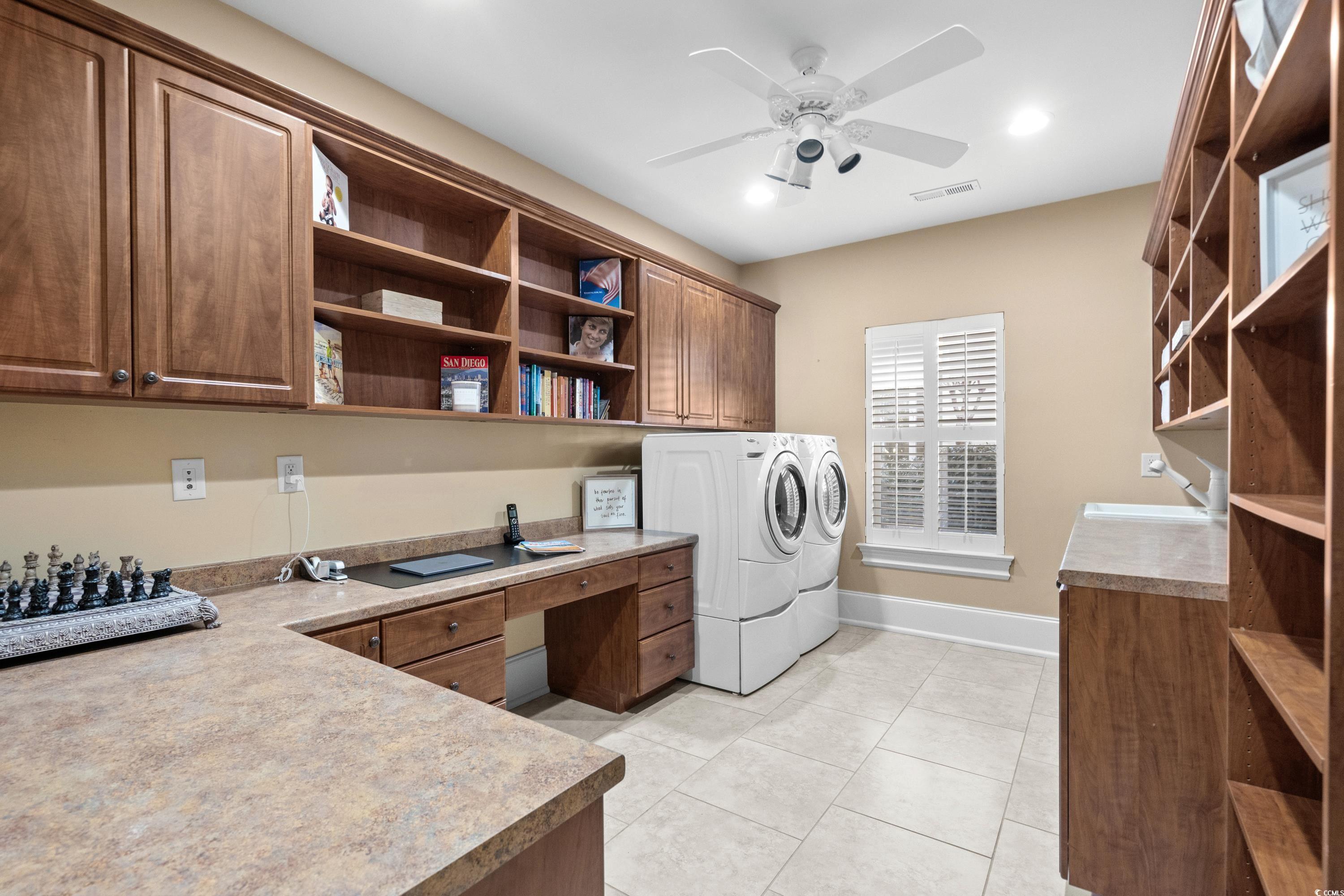 9237 Bellasera Circle Myrtle Beach, SC 29579 - Photo 16 of 34 Washroom featuring washing machine and clothes dryer, ceiling fan, light tile patterned floors, a desk, and recessed lighting