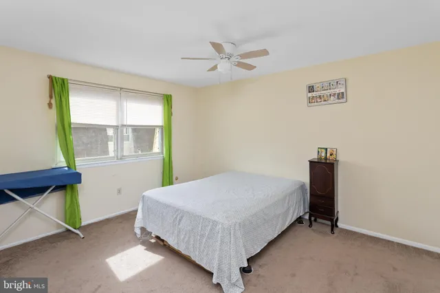 a bed room with a bed and a ceiling fan