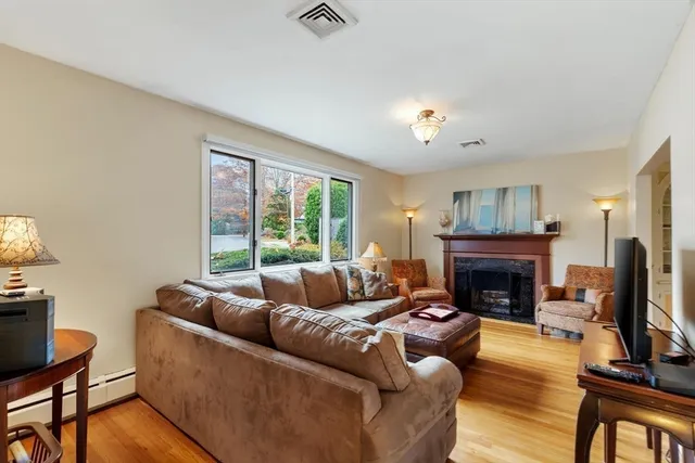 a living room with furniture a fireplace and a flat screen tv