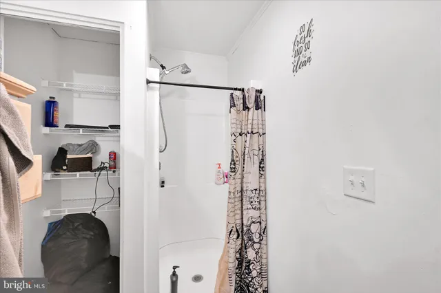 a bathroom with a shower and a sink