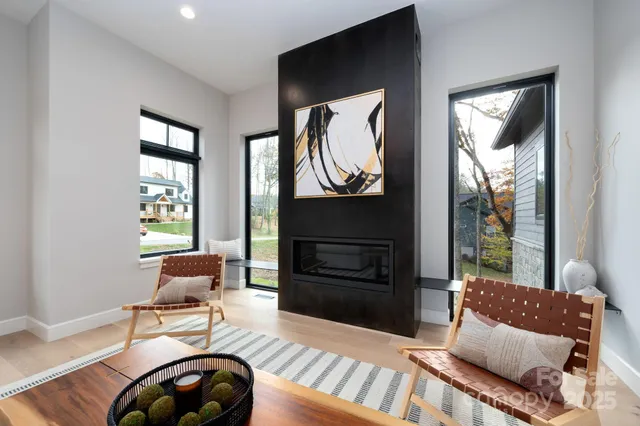 a living room with furniture a window and a fireplace