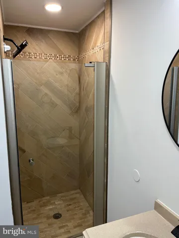 a bathroom with a shower and a toilet