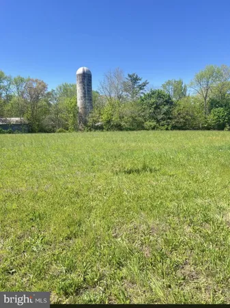 a view of a green field with trees in the background