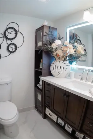 a bathroom with a sink a toilet and mirror