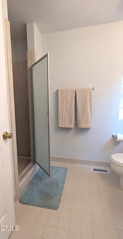 a bathroom with a shower and toilet