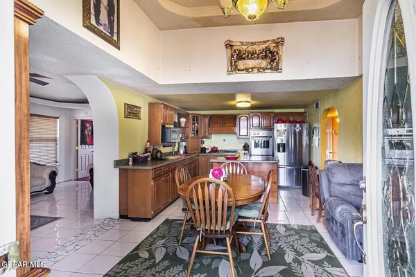a view of a dining room with furniture
