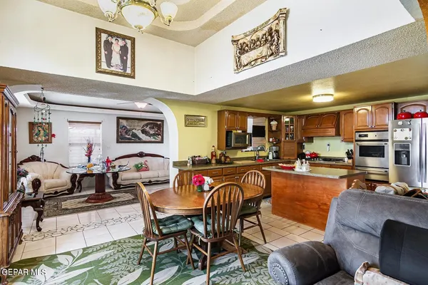 a view of a dining room with furniture
