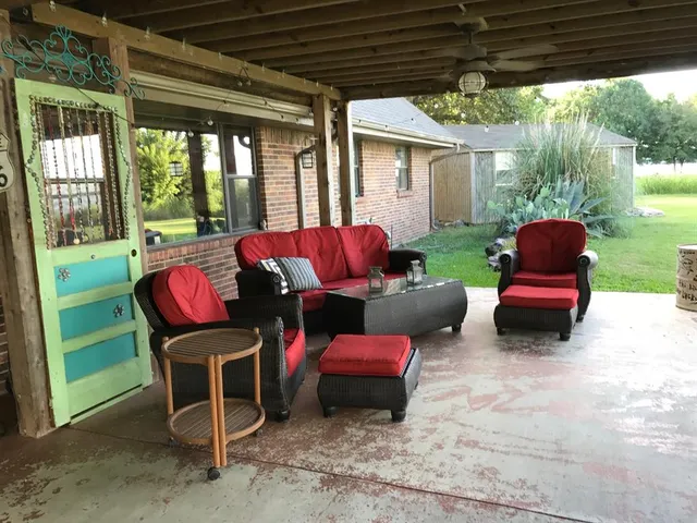 a outdoor view with a sitting space