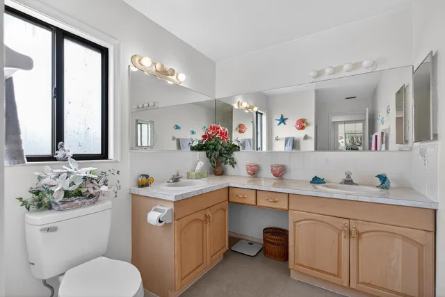 a bathroom with a sink vanity mirror and toilet