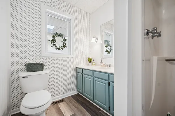 a bathroom with a toilet a sink and mirror