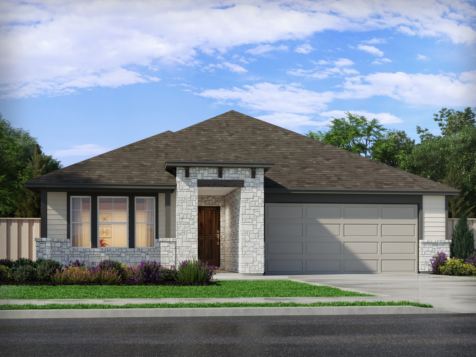 View of front of house with stone siding, driveway, an attached garage, and a shingled roof
