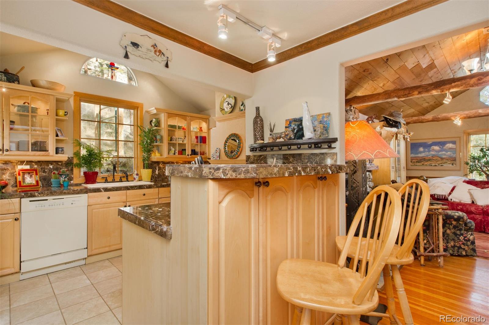 3010 Kerr Gulch Road Evergreen, CO 80439 - Photo 11 of 32 a kitchen with stainless steel appliances granite countertop a sink and a refrigerator