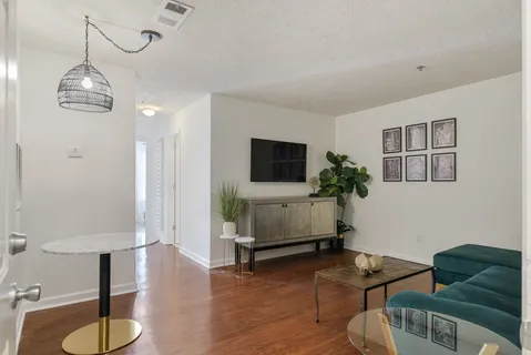 a living room with furniture and a potted plant