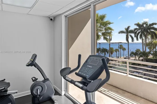 a view of an ocean and a building