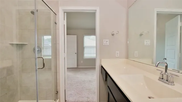 a bathroom with a shower sink and mirror