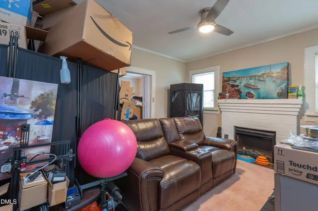 a living room with furniture and a fireplace