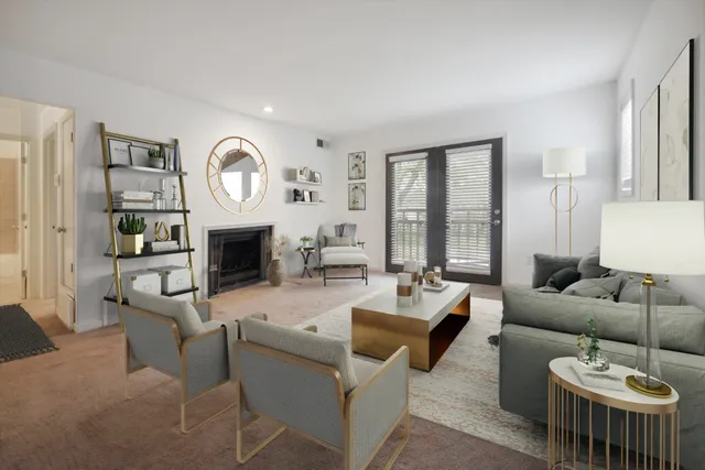 a view of an empty room with a fireplace