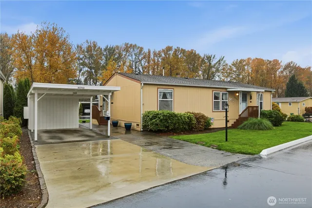 front view of a house with a patio