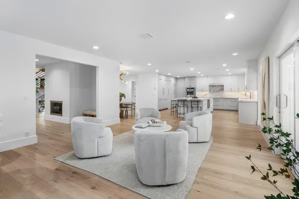 a living room with furniture and a table